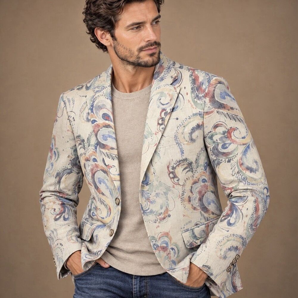 Tallia Valrona Mens 42L Linen Paisley Blazer Colorful Lining NWT Sport Coat
